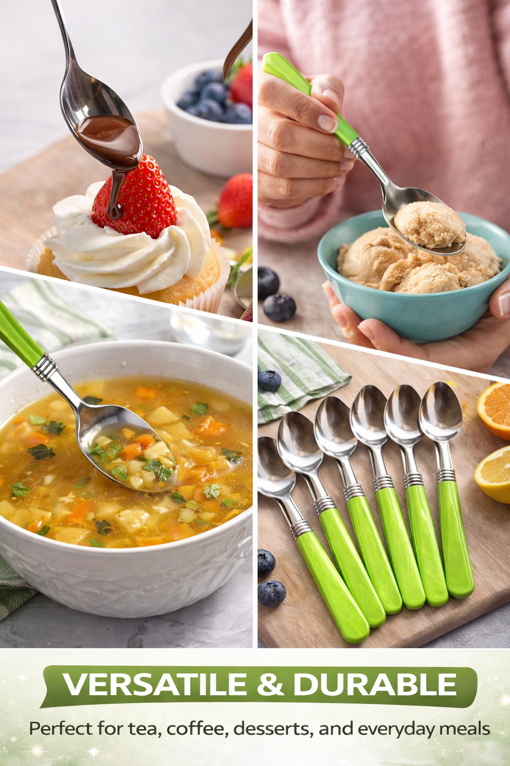 Stainless Steel Spoon Set (12-Piece) – Durable Tea & Dessert Spoons with Ergonomic Green Handles, Rust-Resistant, Dishwasher Safe, Stylish Cutlery for Daily Use