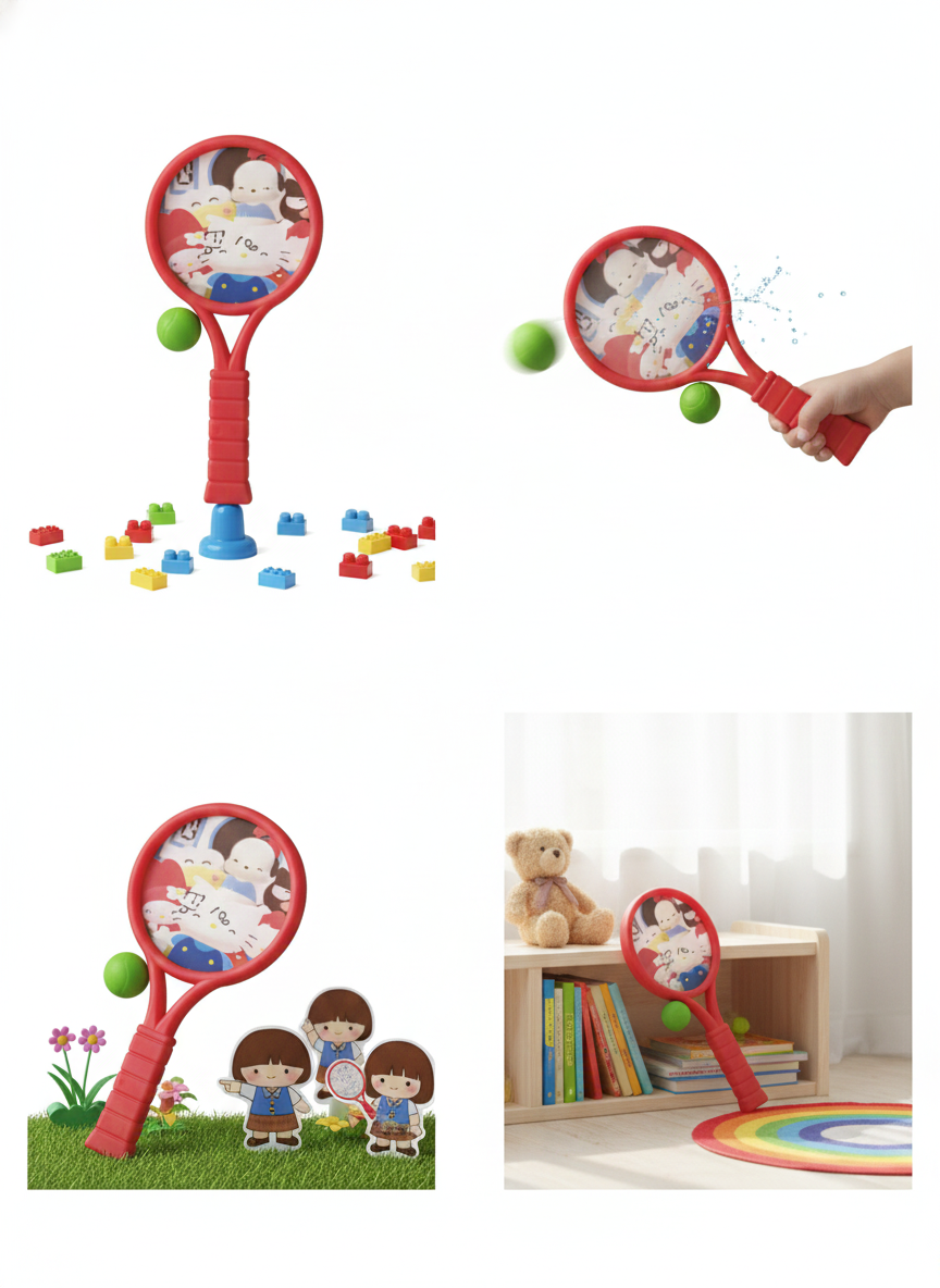 Kids Plastic Tennis Racket Toy with Ball – Cartoon Mini Racket Set for Children