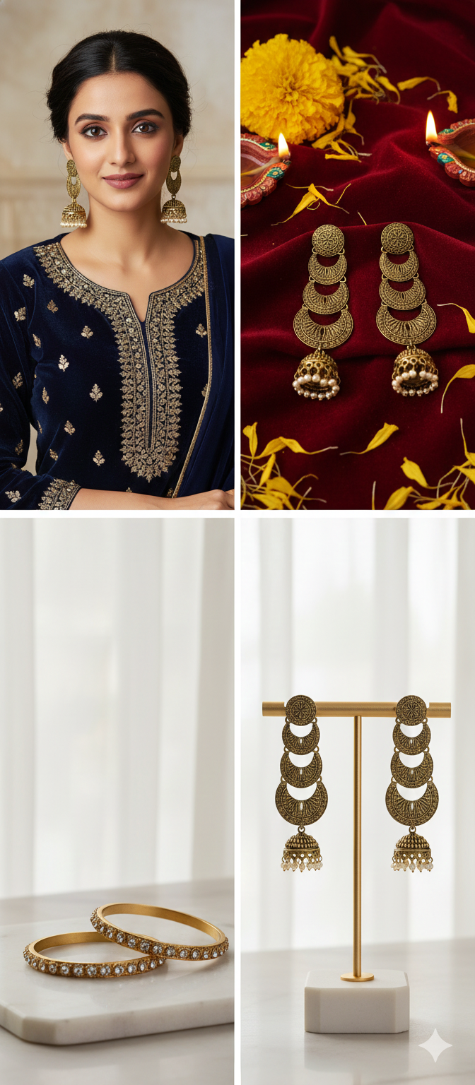 Antique Gold-Tone Chandbali Jhumka Earrings for Women – Traditional Stacked Filigree Design with White Pearl Drops
