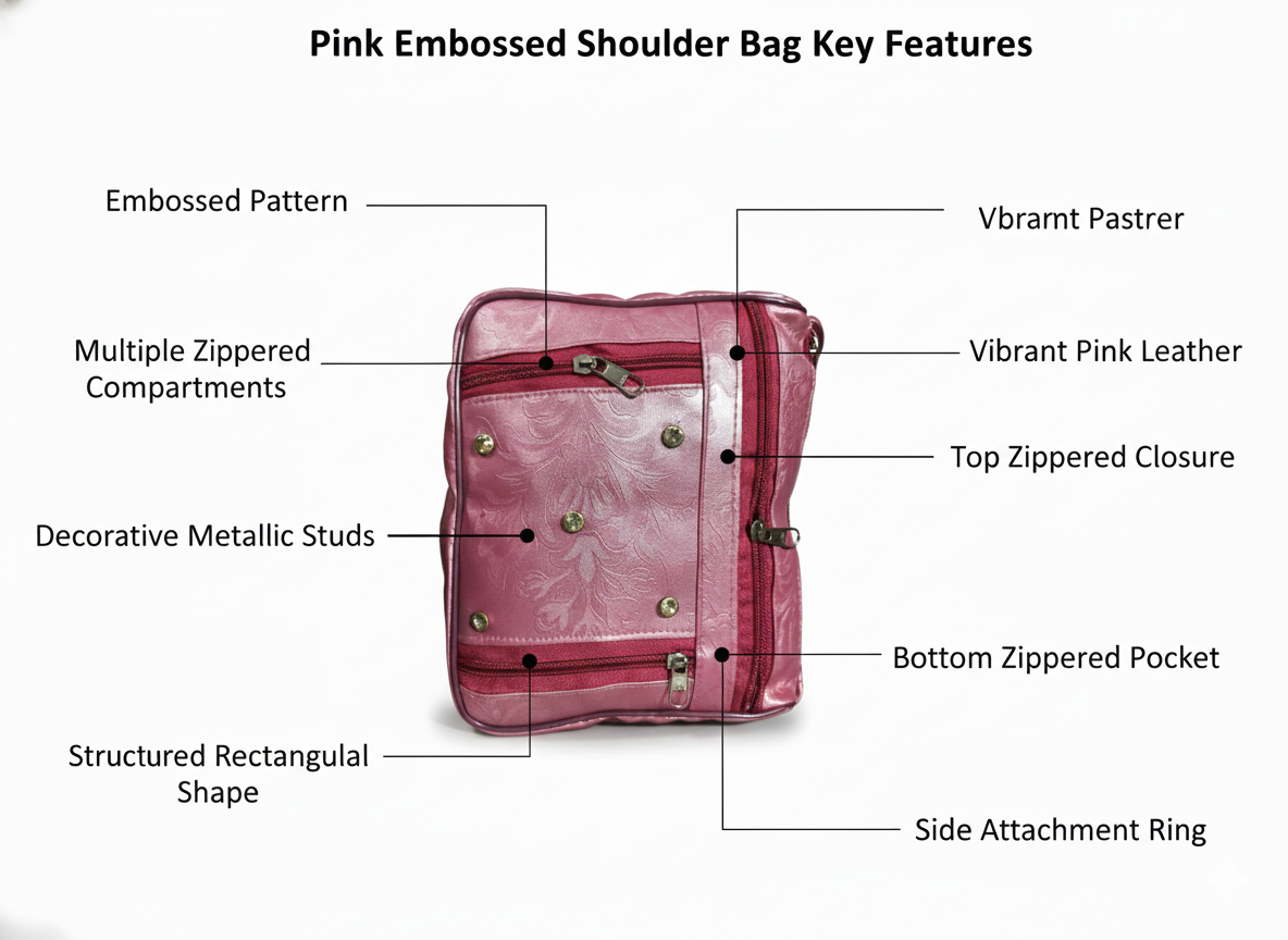Pink Shoulder Bag for Women – Embossed Leather Handbag with Multiple Zipper Compartments