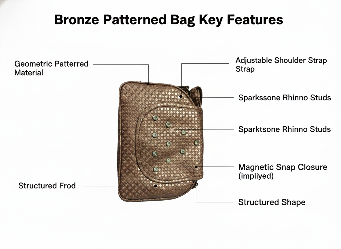 Bronze Sling Bag for Women – Geometric Pattern Handbag with Rhinestone Studs & Adjustable Strap