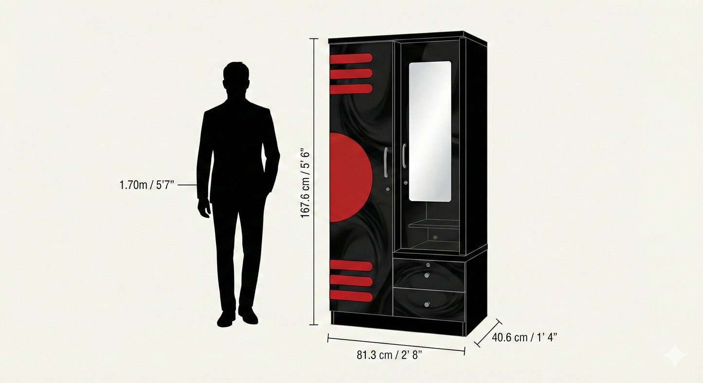Wooden 2 Door Wardrobe with Mirror | 16x36x78 Inch Almirah | Black & Red Designer Cupboard with Lock & Drawers