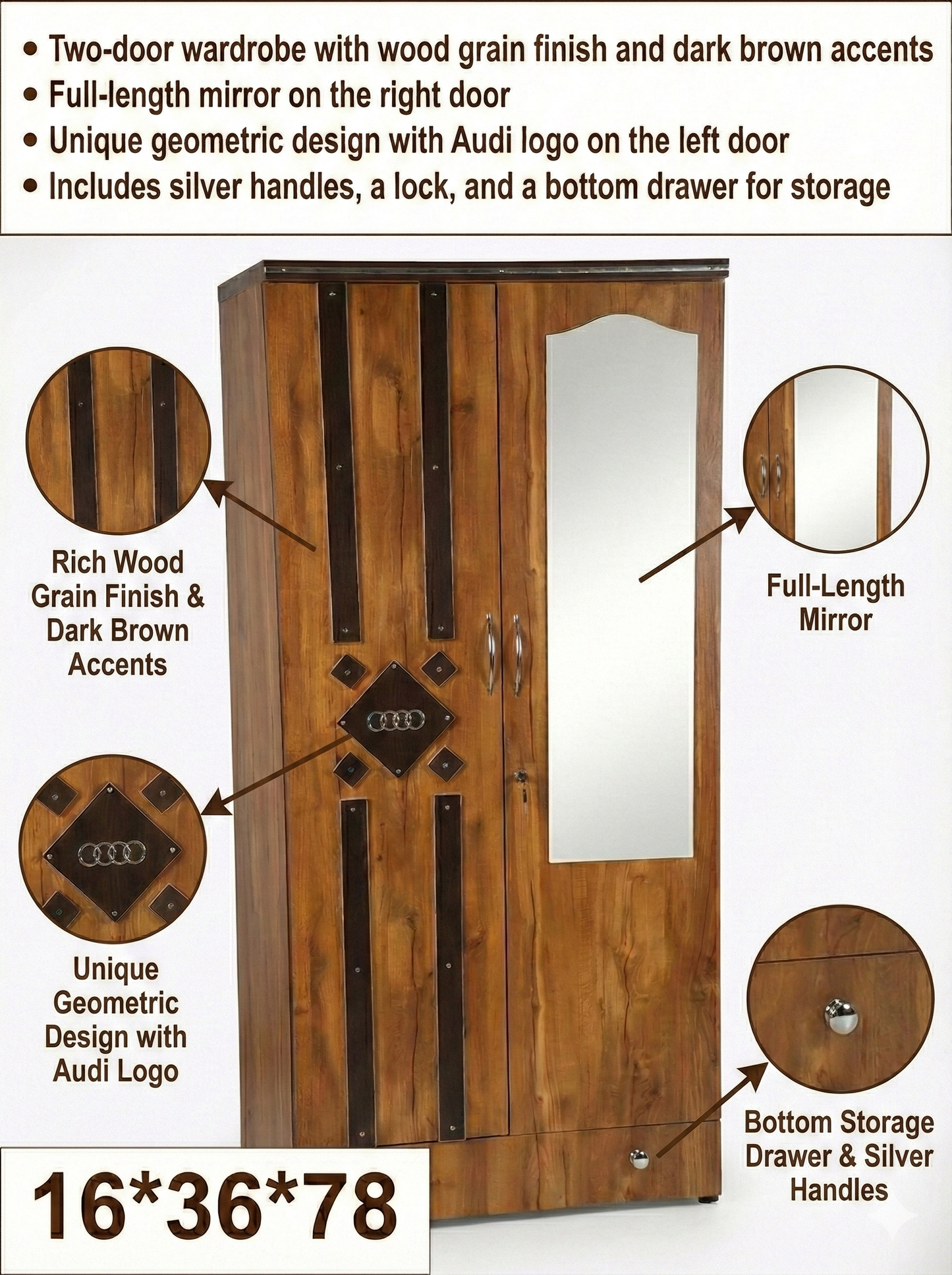 Wooden 2 Door Wardrobe with Mirror | 16x36x78 Inch Almirah | Lockable Storage Cupboard with Drawer