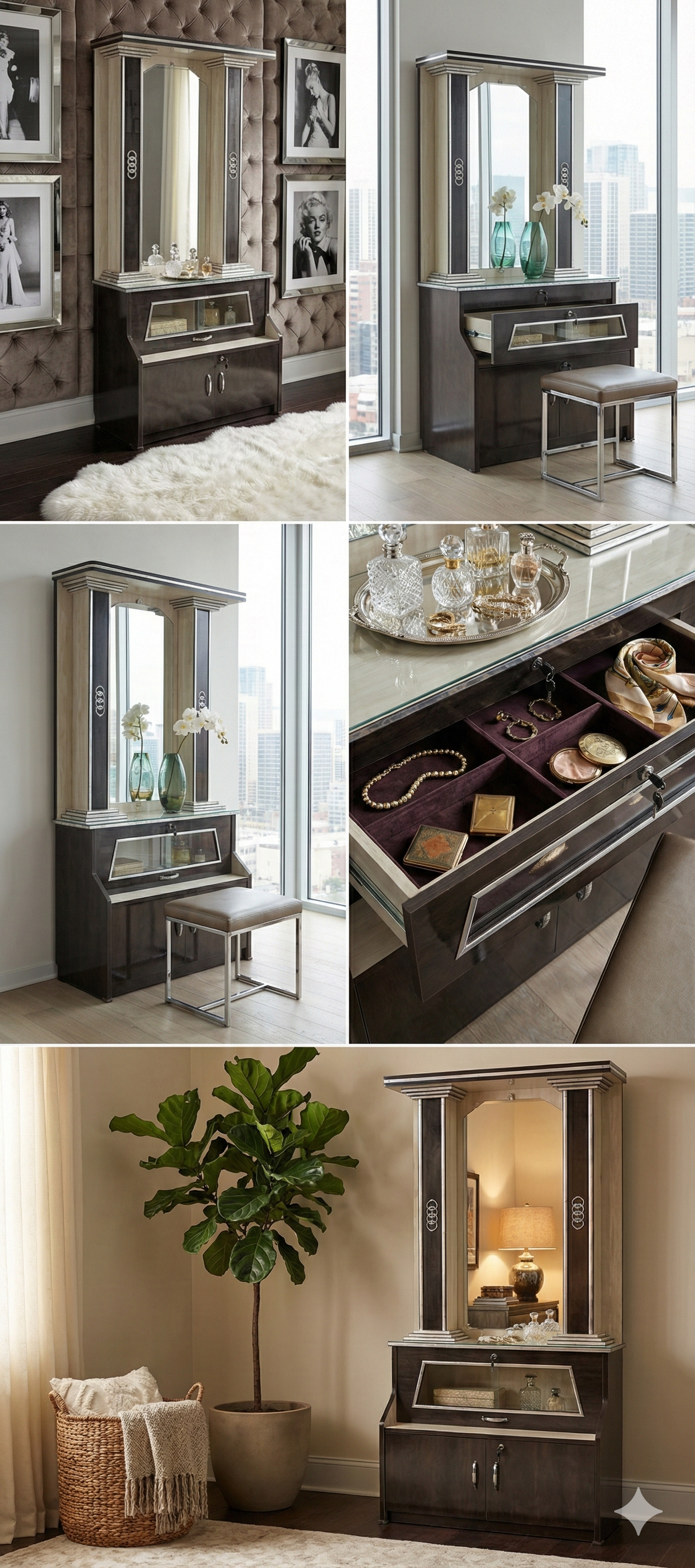 Modern Dressing Table with Mirror & Storage Cabinet | Stylish Wooden Vanity Unit with Glass Display & Shelves