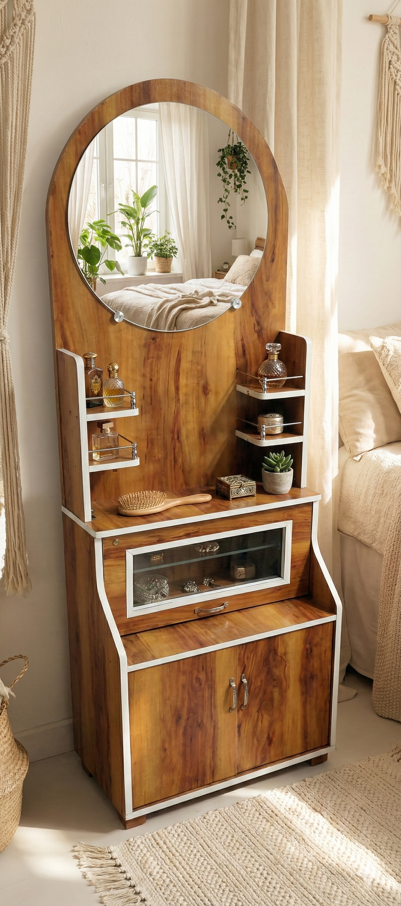 Wooden Dressing Table with Mirror & Storage Cabinet | Modern Makeup Table with Shelves & Drawer
