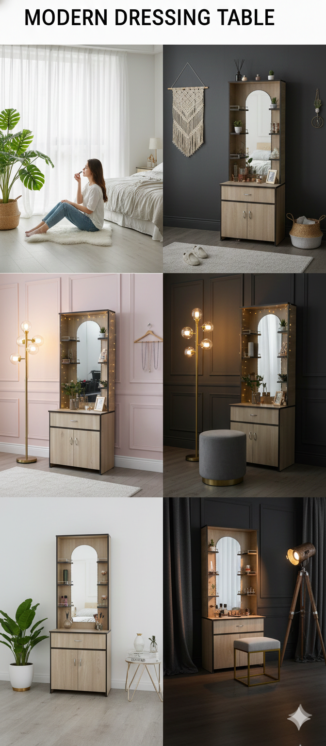 Modern Wooden Dressing Table with Mirror & Storage Cabinet
