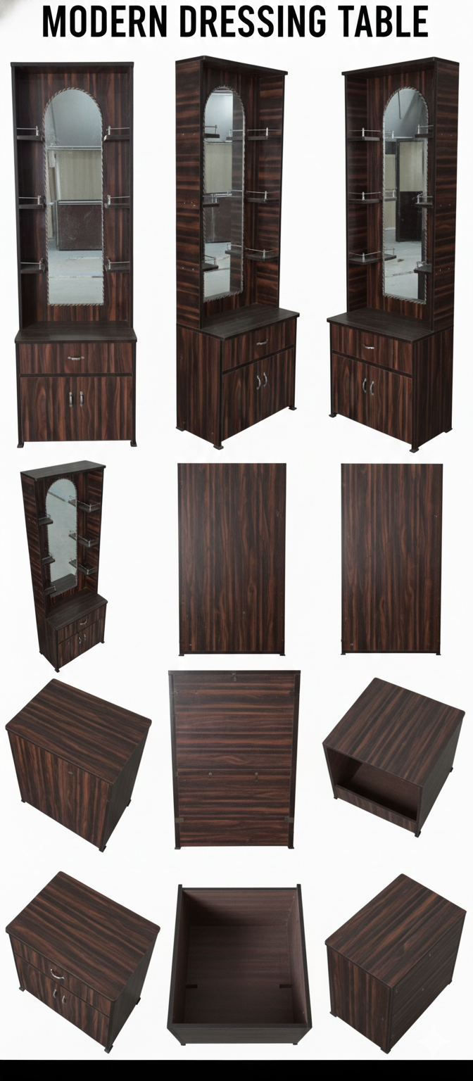 Modern Wooden Dressing Table with Mirror & Storage Cabinet | Space-Saving Vanity Unit with Drawer & Shelves