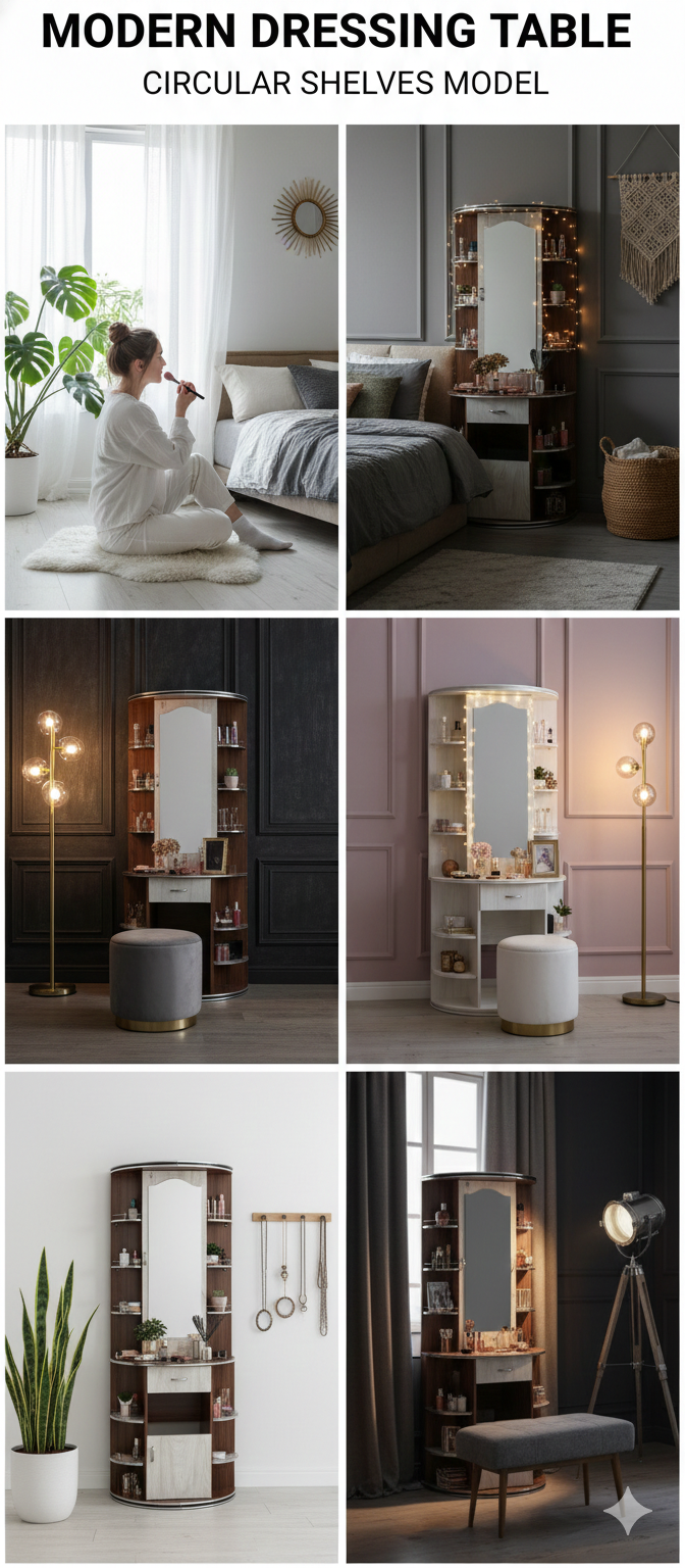 Modern Round Dressing Table with Mirror & Storage