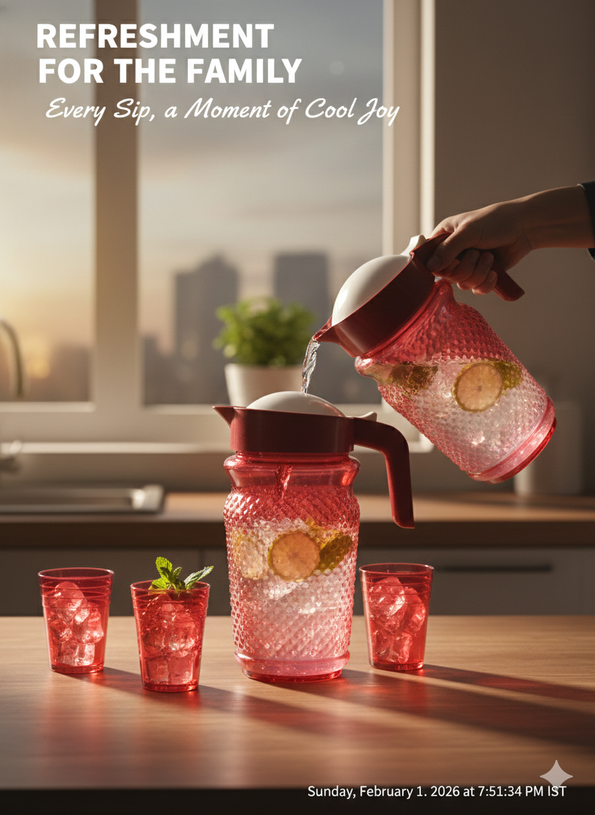 Plastic Water Jug with Lid and 6 Glass Set