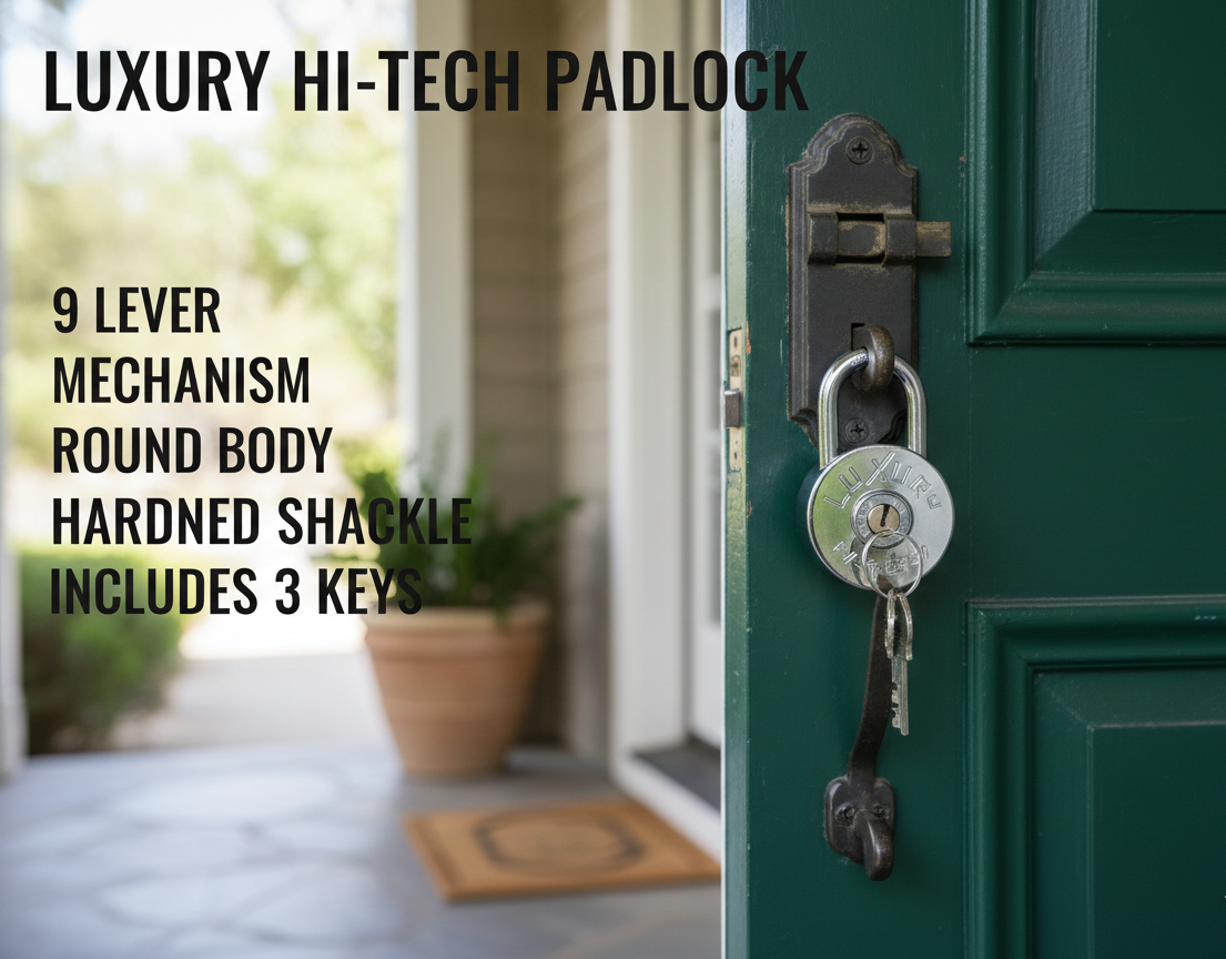 Luxury Hi-Tech 9 Lever Round Padlock with 3 Keys | Chrome Plated Zinc Body Lock with Hardened Steel Shackle