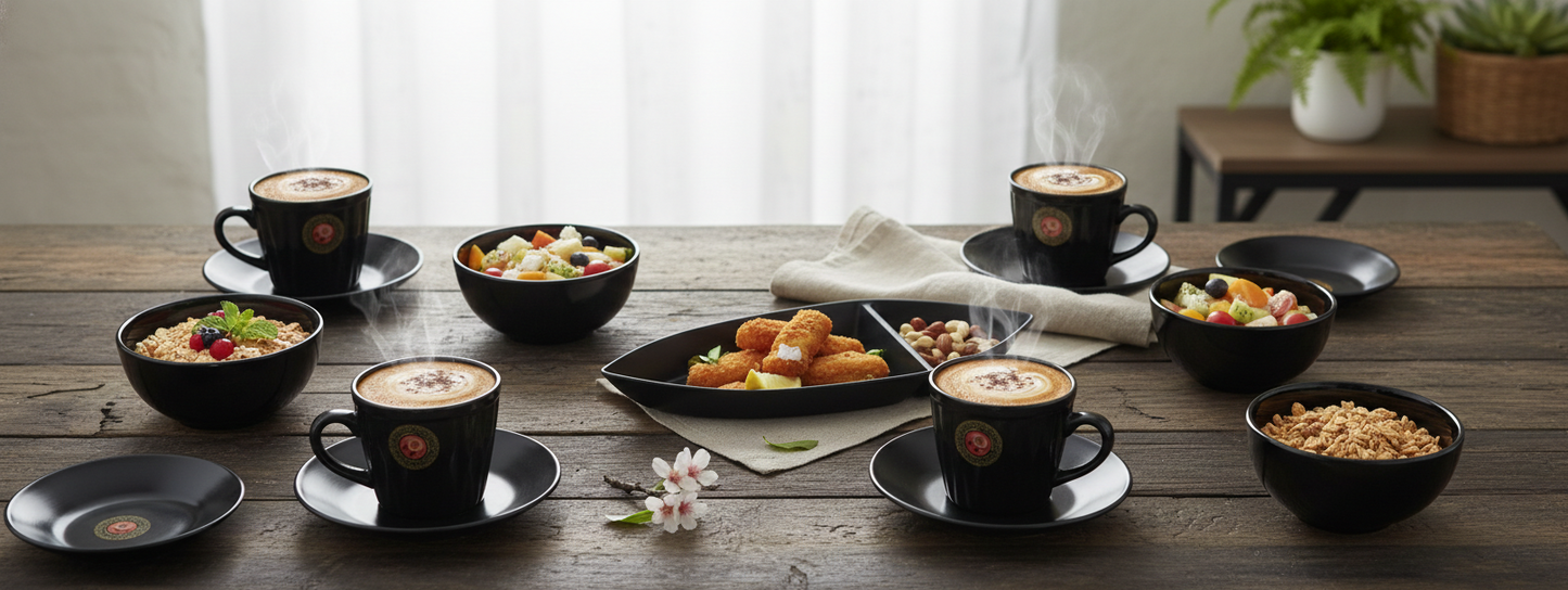 11 PCS Melamine Dinner Set | 6 Cups, 4 Bowls & 1 Serving Platter | Unbreakable Dinnerware Set | Stylish Kitchen & Dining Set for Home & Gifting