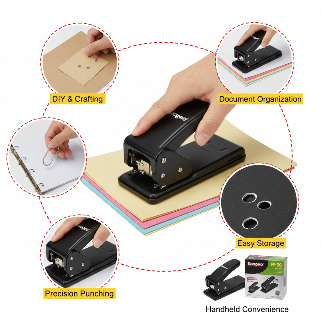Kangaro FP-20 Paper Punch, Handheld Single Hole Punch for Up to 15 Sheets, Durable Black Metal Design with Hanging Loop for Office, School and Craft Use