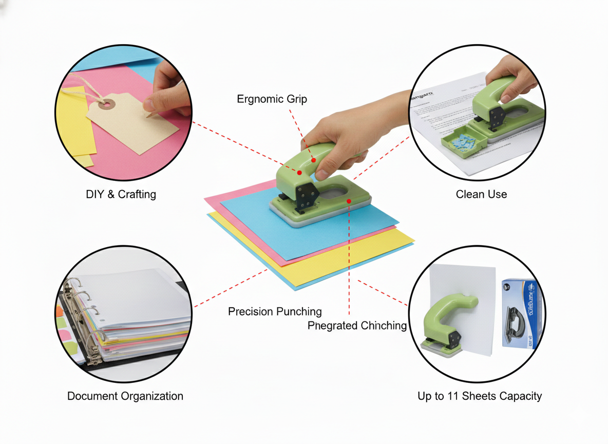 Kangaro DP-280 Paper Punch, 2 Hole Punch for Up to 11 Sheets, Ergonomic Green Design with Chip Tray and Precision Metal Mechanism for Office and School Use