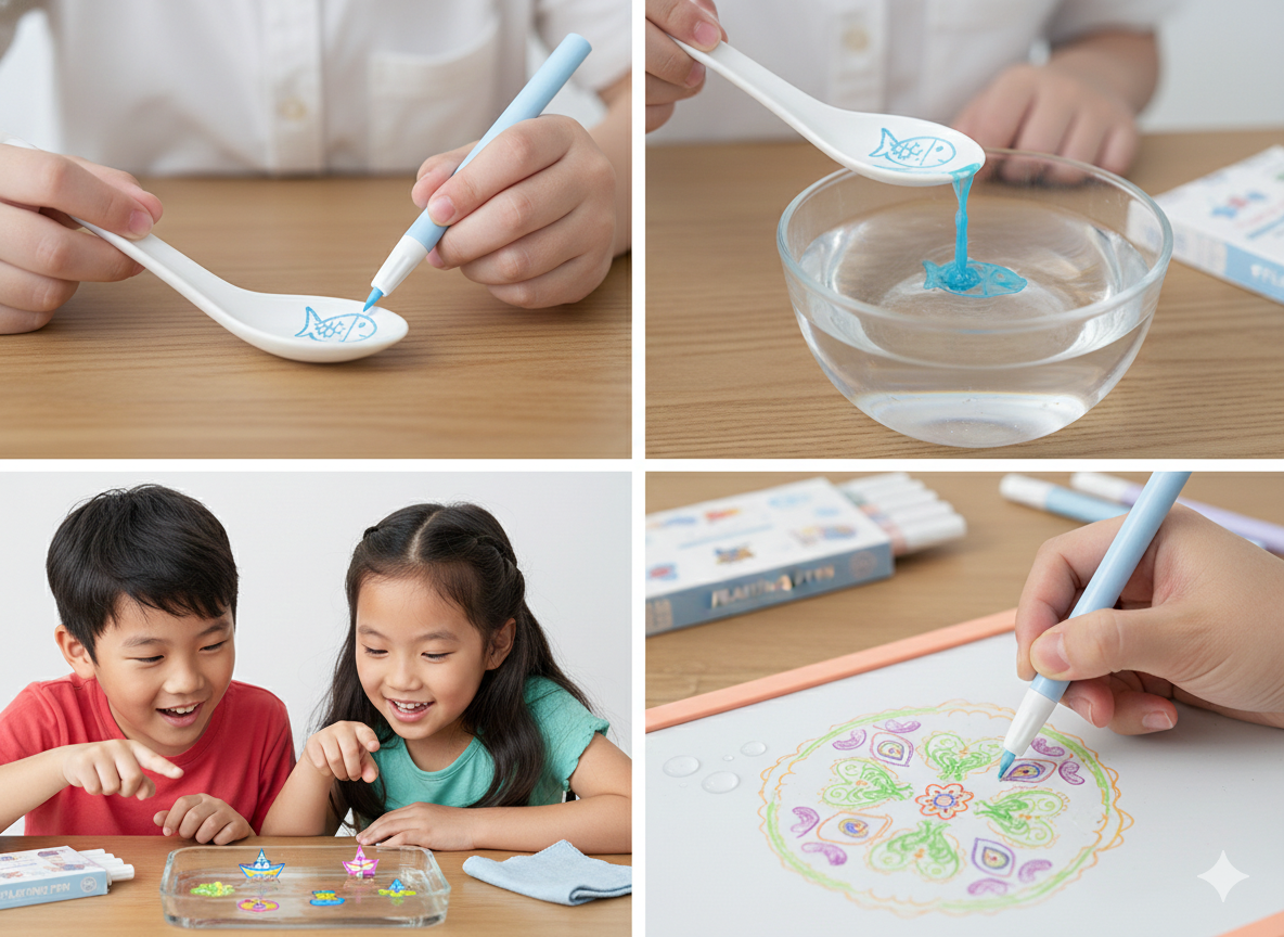 Bright pastel floating pens sell best on Amazon when the image highlights the water-floating effect, quick-dry ink, child-safe use, and the full 8-color range.