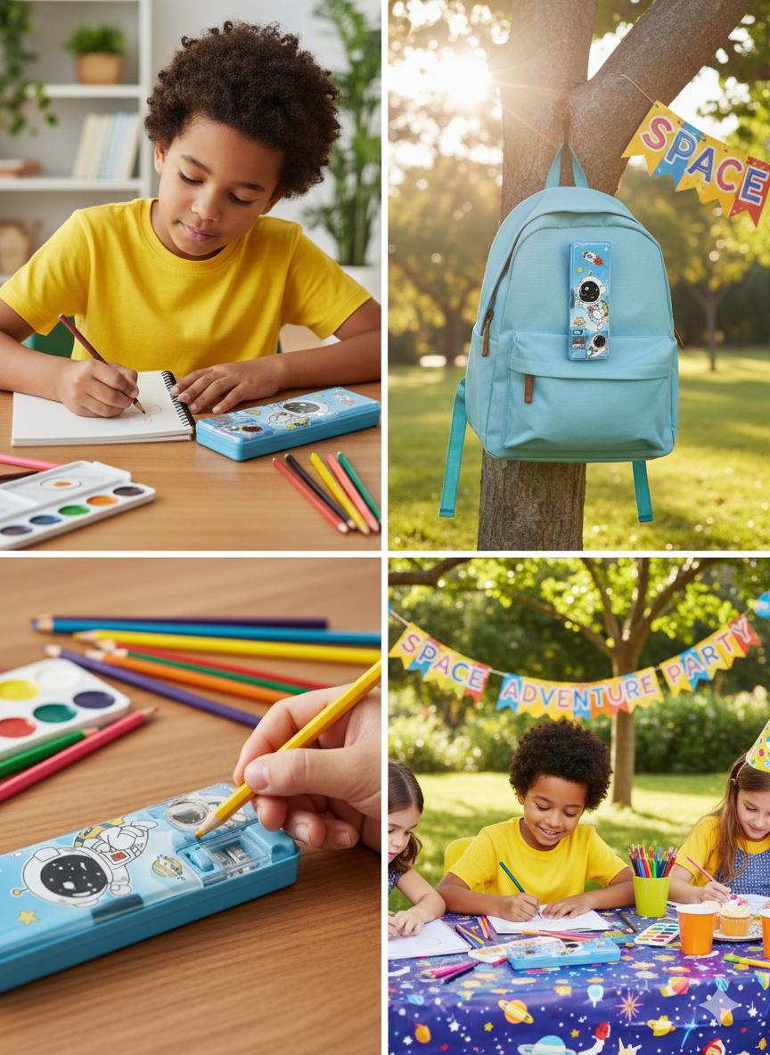 Space Astronaut Pencil Case for Kids ā Cartoon Printed Pencil Box with Built-in Sharpener ā Durable School Stationery Organizer for Boys & Girls
