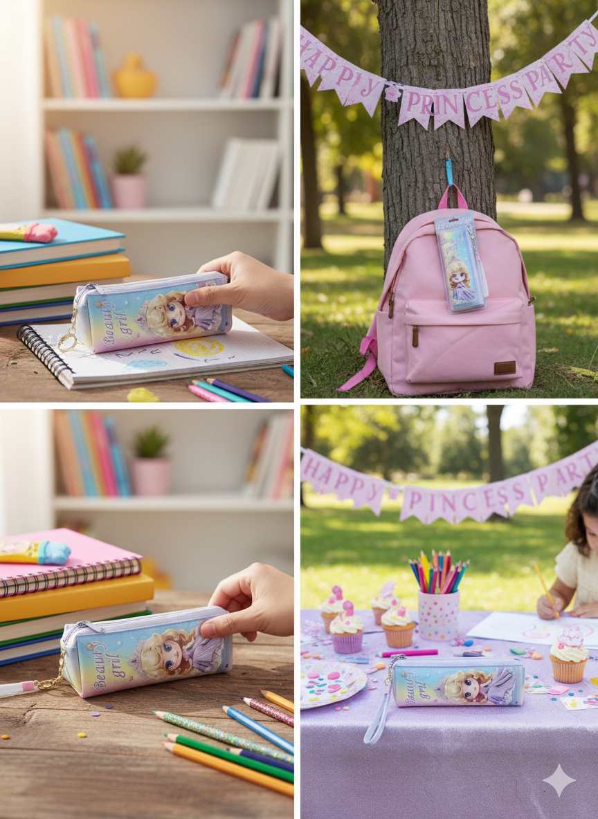 Beauty Girl Pencil Case for Kids – Cute Princess Printed Zipper Pouch with Wrist Strap – Multi-Color School Stationery Organizer for Girls