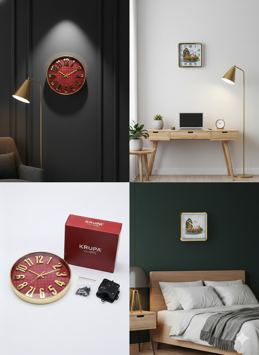 Luxury Red & Gold Wall Clock 12 Inch – Silent Quartz Movement, Metal Frame, Large Raised Numerals