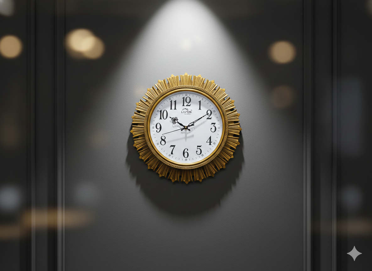 Luxury Sunburst Gold Wall Clock with Large Arabic Numerals | Silent Quartz Movement|