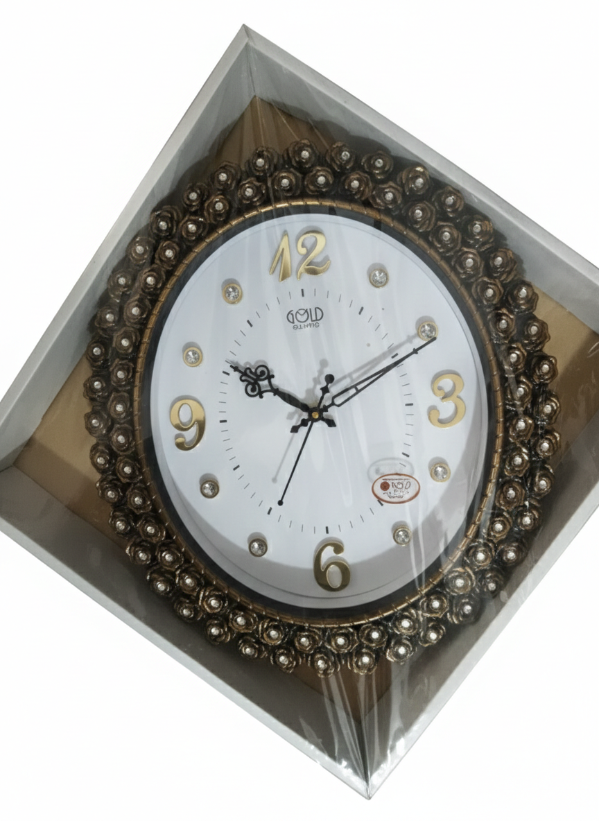 Luxury Antique Round Wall Clock with Floral Beaded Frame & Gem Embellishments | Gold Numerals Designer Clock for Living Room, Bedroom & Office | Silent Quartz Decorative Wall Clock