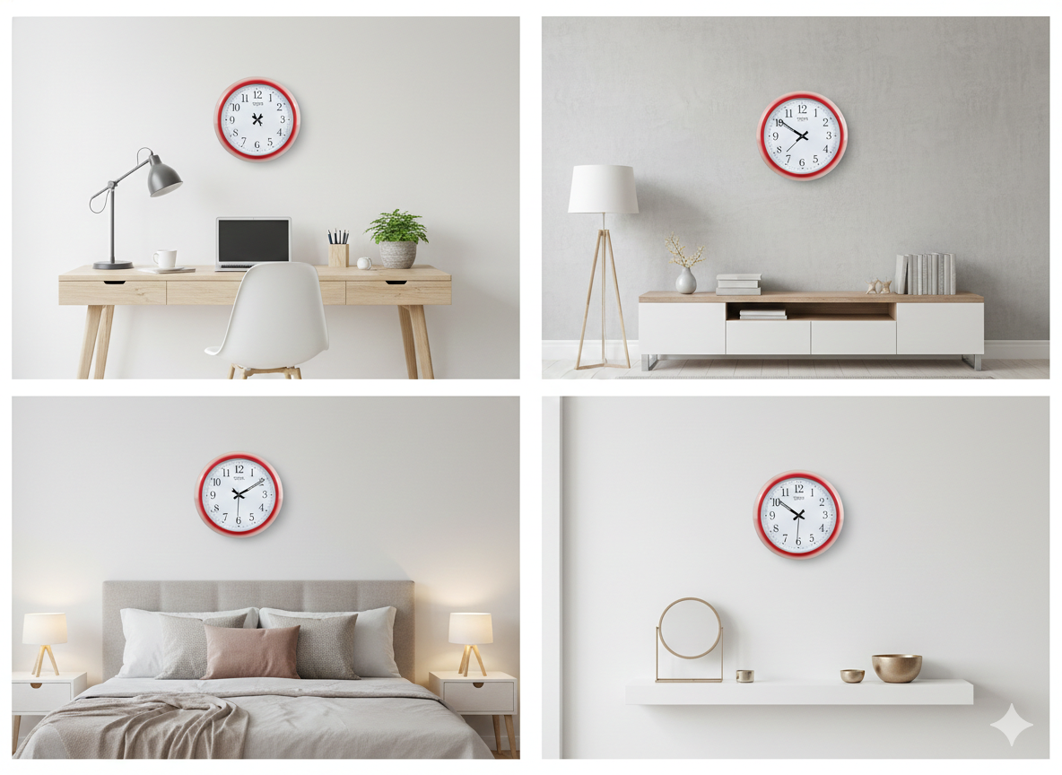Classic Red Wall Clock with Large Clear Numerals | Silent Quartz Sweep Movement