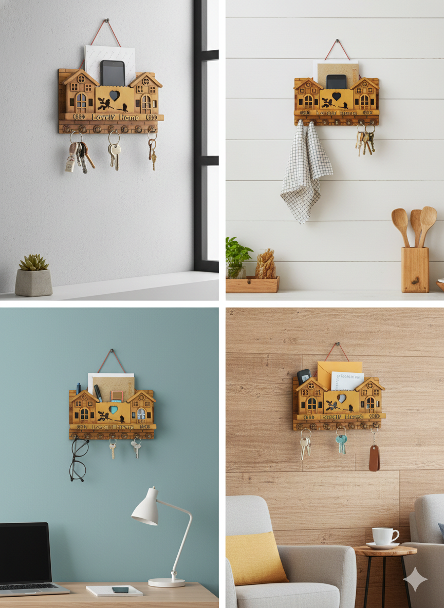 Wooden Key Holder for Wall with Shelf – 7 Hooks + Storage Tray, Decorative Home Key Stand