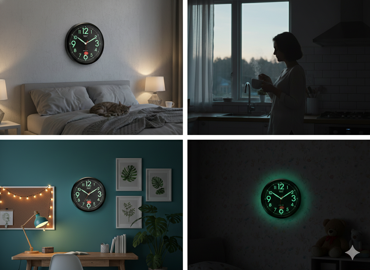 REAL Quartz Night Wall Clock 12 Inch – Silent Non-Ticking Glow in The Dark Luminous Clock, Battery Operated, Matte Black Frame for Home, Bedroom, Office