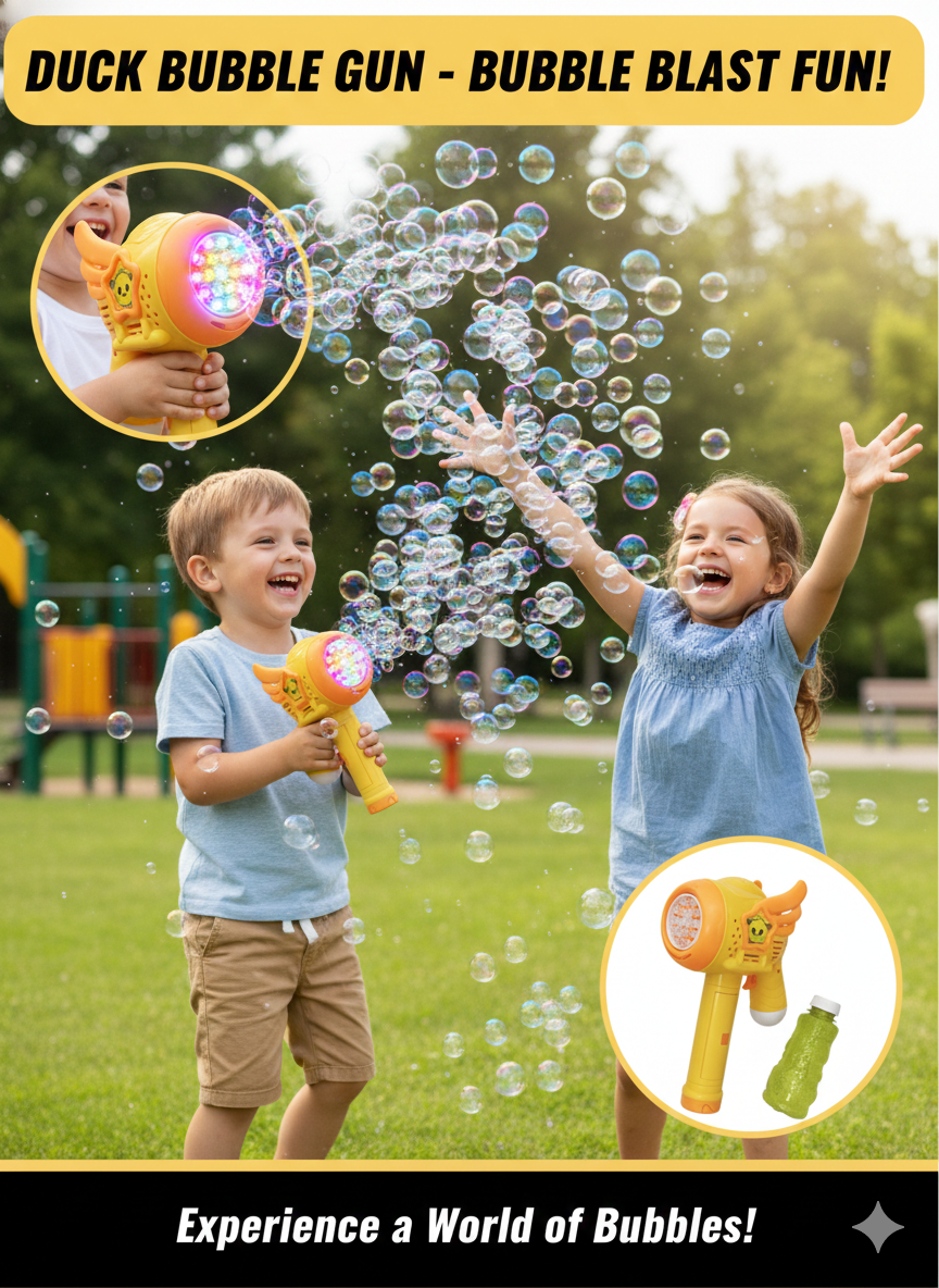 Duck Bubble Gun for Kids | Automatic Bubble Maker with LED Lights & 12-Hole Wand
