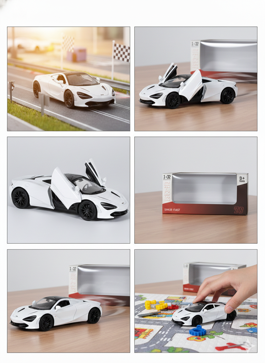 White Die-Cast Car Toy Model 1:32 Scale | Pull Back Sports Car with Openable Doors