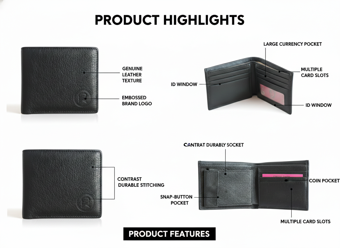 Men’s Genuine Leather Wallet Black | Bifold Wallet with ID Window, Coin Pocket & Snap Button