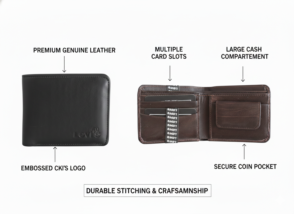 Men’s Black Genuine Leather Wallet | Bifold Wallet with Coin Pocket