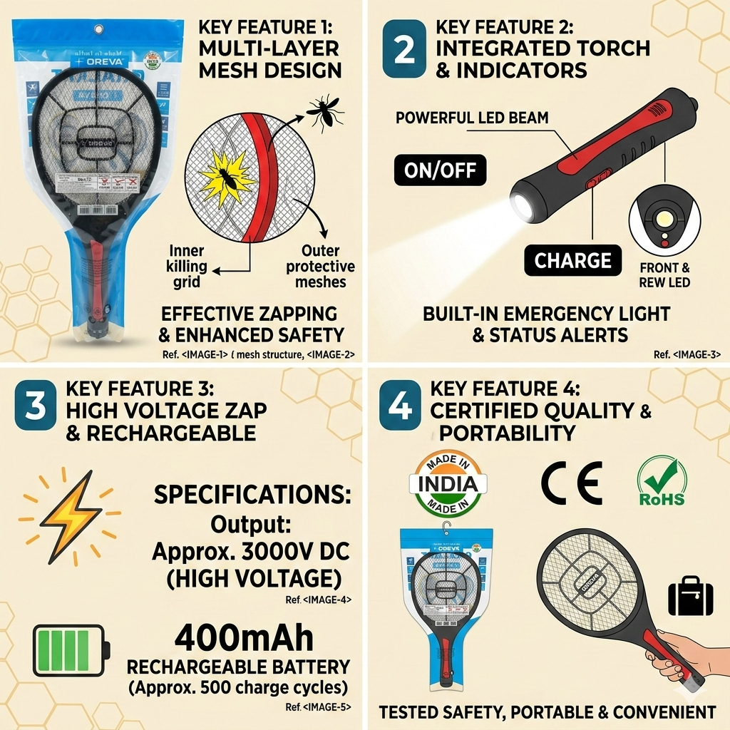 Electric Mosquito Racket Bat Rechargeable with LED Light, High Voltage Mosquito Killer Bat, Insect Zapper for Home & Outdoor (USB Charging, 3000V)
