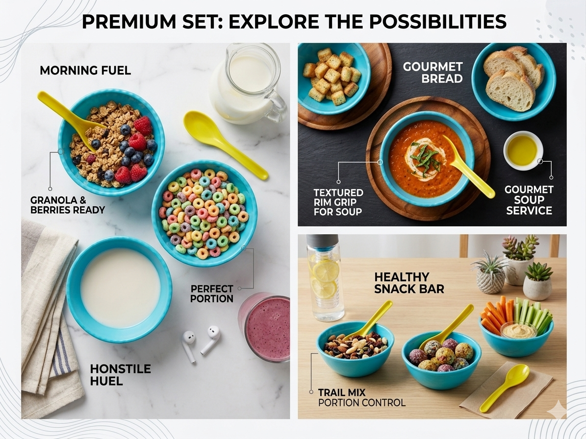 Cereal & Snack Bowl Set with Spoons (6-Piece) – Food-Grade Melamine Bowls, Lightweight & Durable, Dishwasher Safe