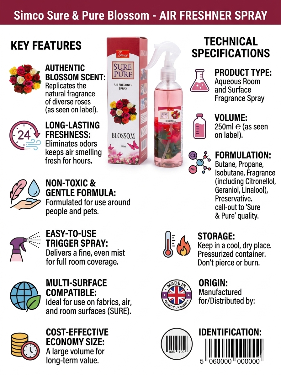 Simco Sure & Pure Blossom Air Freshener Spray 250ml | Long Lasting Floral Room Freshener | Multi-Surface Fragrance Spray for Home, Office & Car