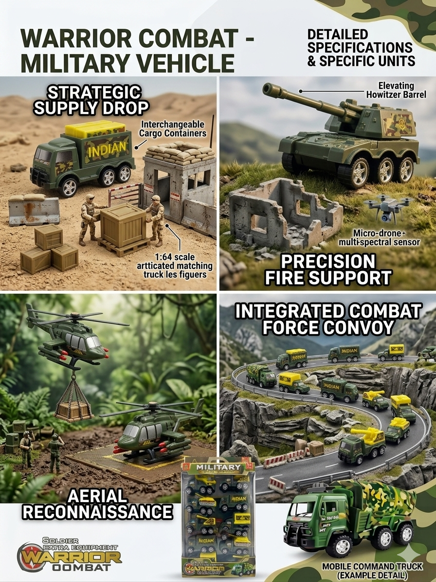 Indique Warrior Combat Military Vehicle Adventure Pack ā 10-Piece Army Toy Set for Kids ā Includes Missile Launcher, Transport Trucks, Cargo Carriers, and Recon Helicopters ā Authentic Camo Design, Ages 3+