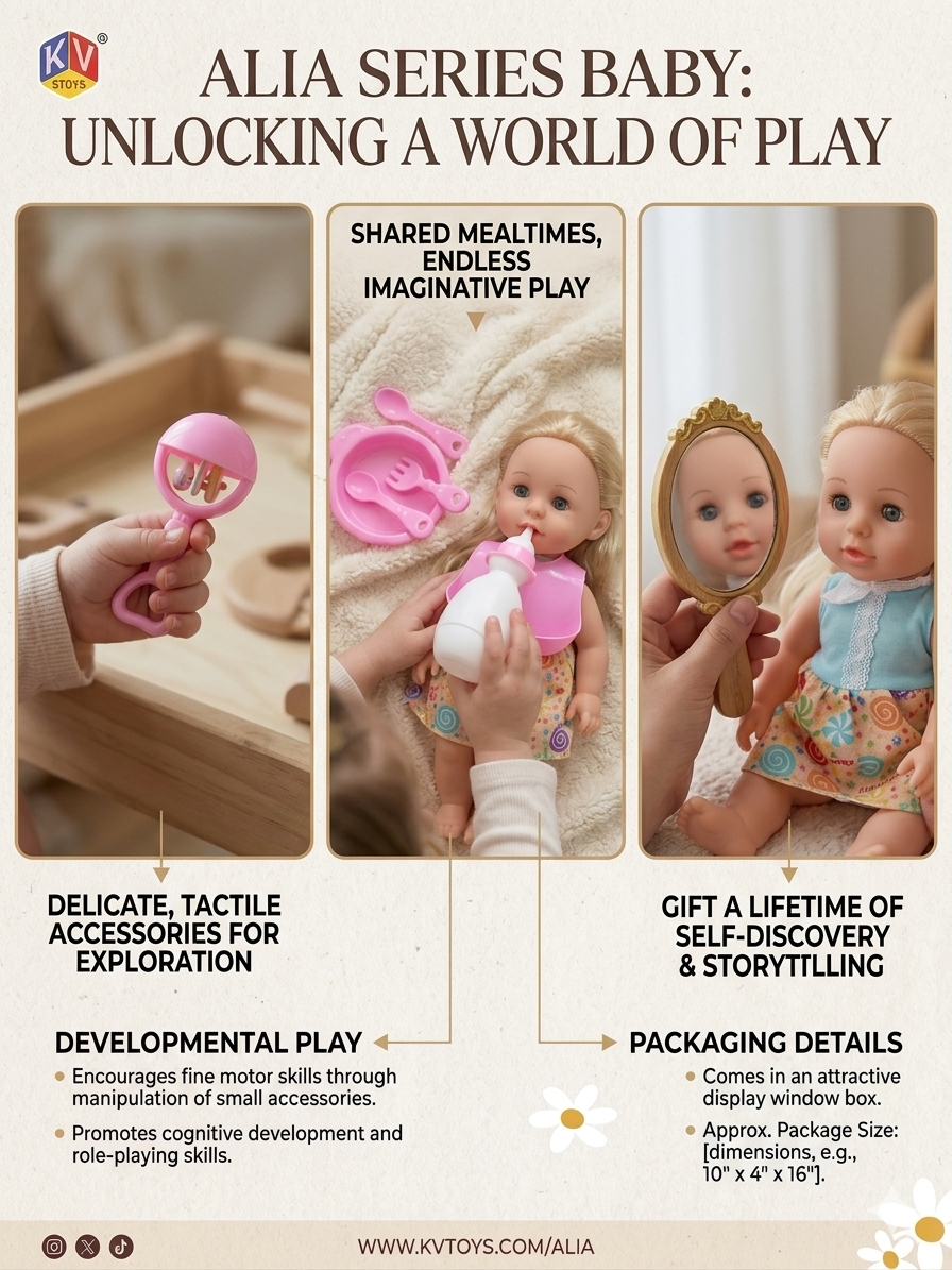 Baby Alia Series Doll with Feeding Set Accessories | Realistic Baby Girl Doll Toy for Kids 3+ Years | Bottle, Bib, Bowl & Spoon Set