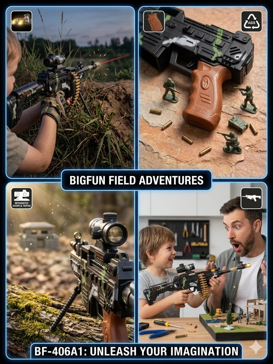 बच्चों के लिए BIGFUN BF-406A1 खिलौना मशीन गन | स्कोप, ट्राइपॉड और एमो बेल्ट के साथ M16/M4 स्टाइल इलेक्ट्रिक टॉय गन | लाइट्स, साउंड और वाइब्रेशन इफेक्ट्स | बैटरी से चलने वाली नॉन-फायरिंग गन (3+ साल)