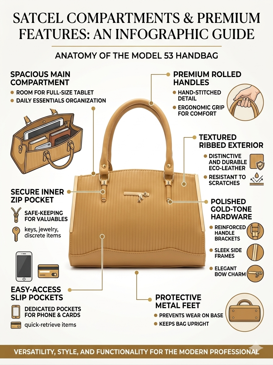 Women’s Satchel Handbag, Premium Textured Eco-Leather Tote Bag with Multiple Compartments, Zip Pocket & Gold-Tone Hardware, Stylish Shoulder Bag for Office & Daily Use