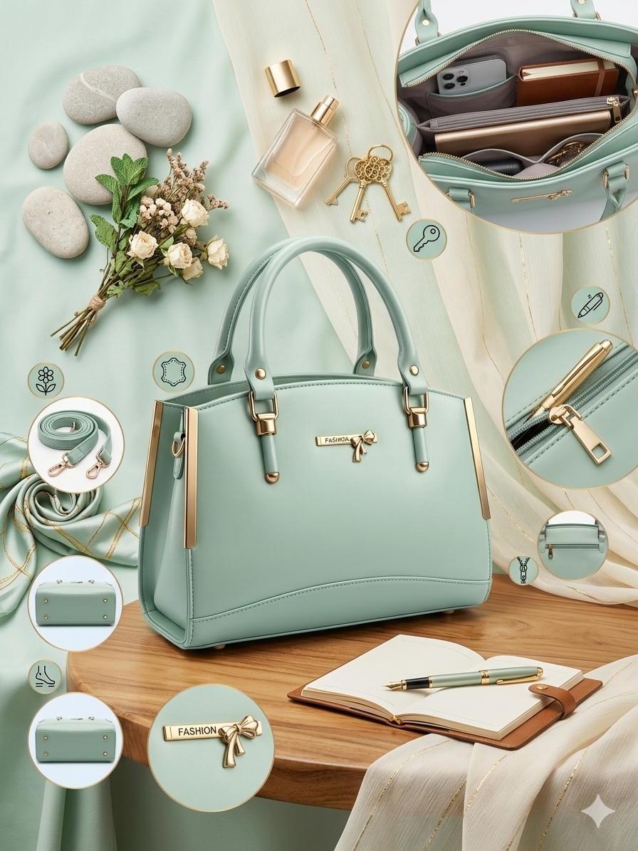 Mint Green Satchel Handbag for Women | Eco-Leather Structured Tote with Crossbody Strap