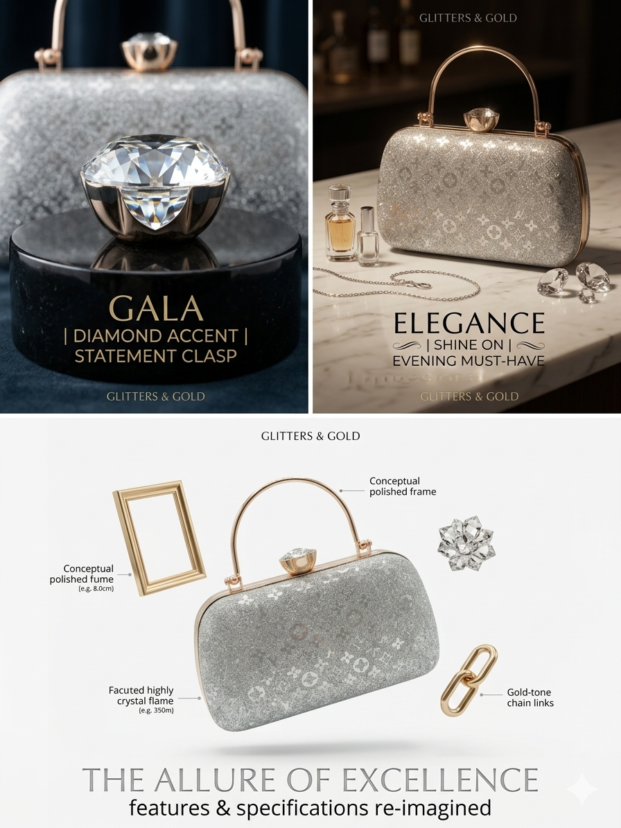 Luxury Glitter Clutch for Women | Gold-Tone Frame Evening Bag with Crystal Clasp & Chain Strap | Elegant Party, Wedding & Bridal Handbag