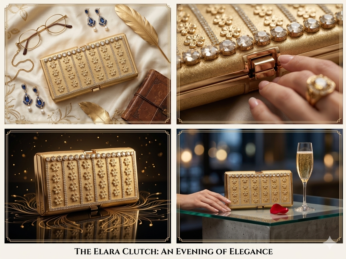ELARA Women's Gold Evening Clutch Bag with Rhinestones, RFID Blocking, Detachable Chain Strap, Wedding Party Purse