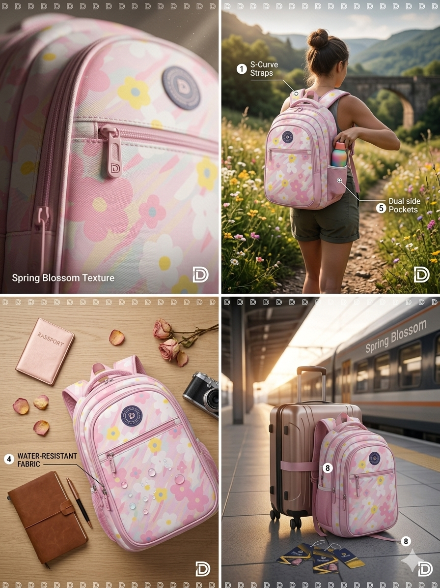 Girls Floral School Backpack, Pink Multi-Compartment Laptop Backpack with Water Resistant Fabric, Lightweight Travel Backpack with Side Mesh Pockets, Fits Up to 15.6 Inch Laptop