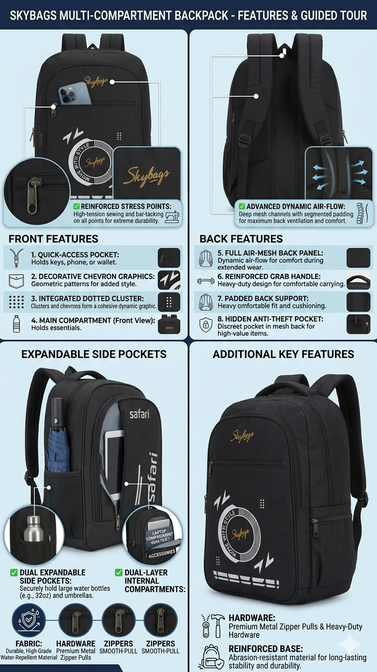 Skybags Black Laptop Backpack for Men & Women, Water Resistant School and College Bag with Air Mesh Back