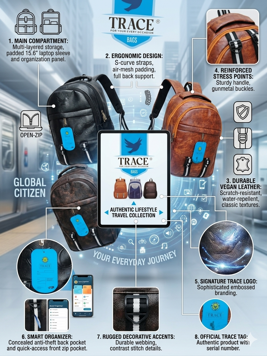 TRACE Vegan Leather Laptop Backpack for Men & Women, Water Resistant College Bag with 15.6 Inch Laptop Sleeve, Anti-Theft Pocket & Multi Compartments