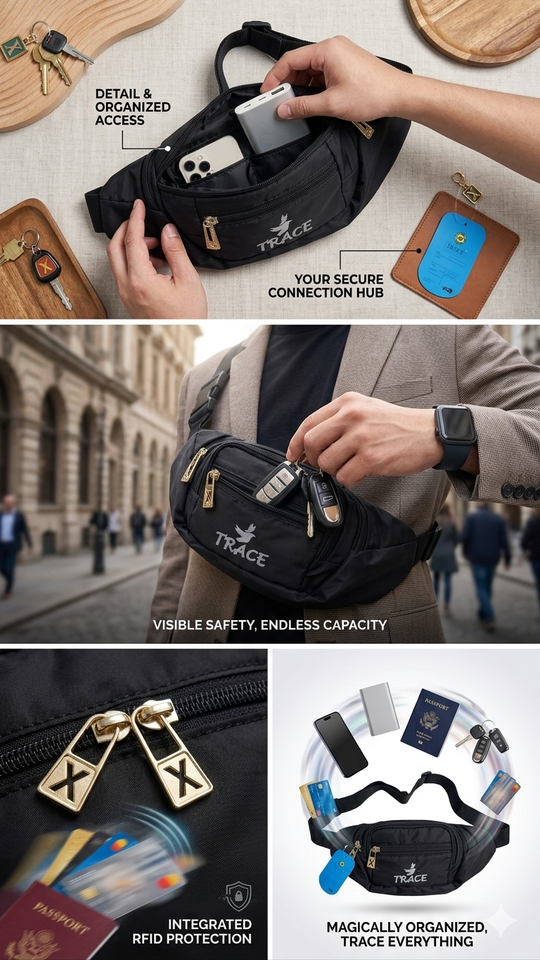 TRACE Waist Bag for Men and Women, Water Resistant Fanny Pack with RFID Blocking Pocket, Adjustable Strap, Multiple Compartments, Internal Organizer and Secure Zipper Pockets, Black
