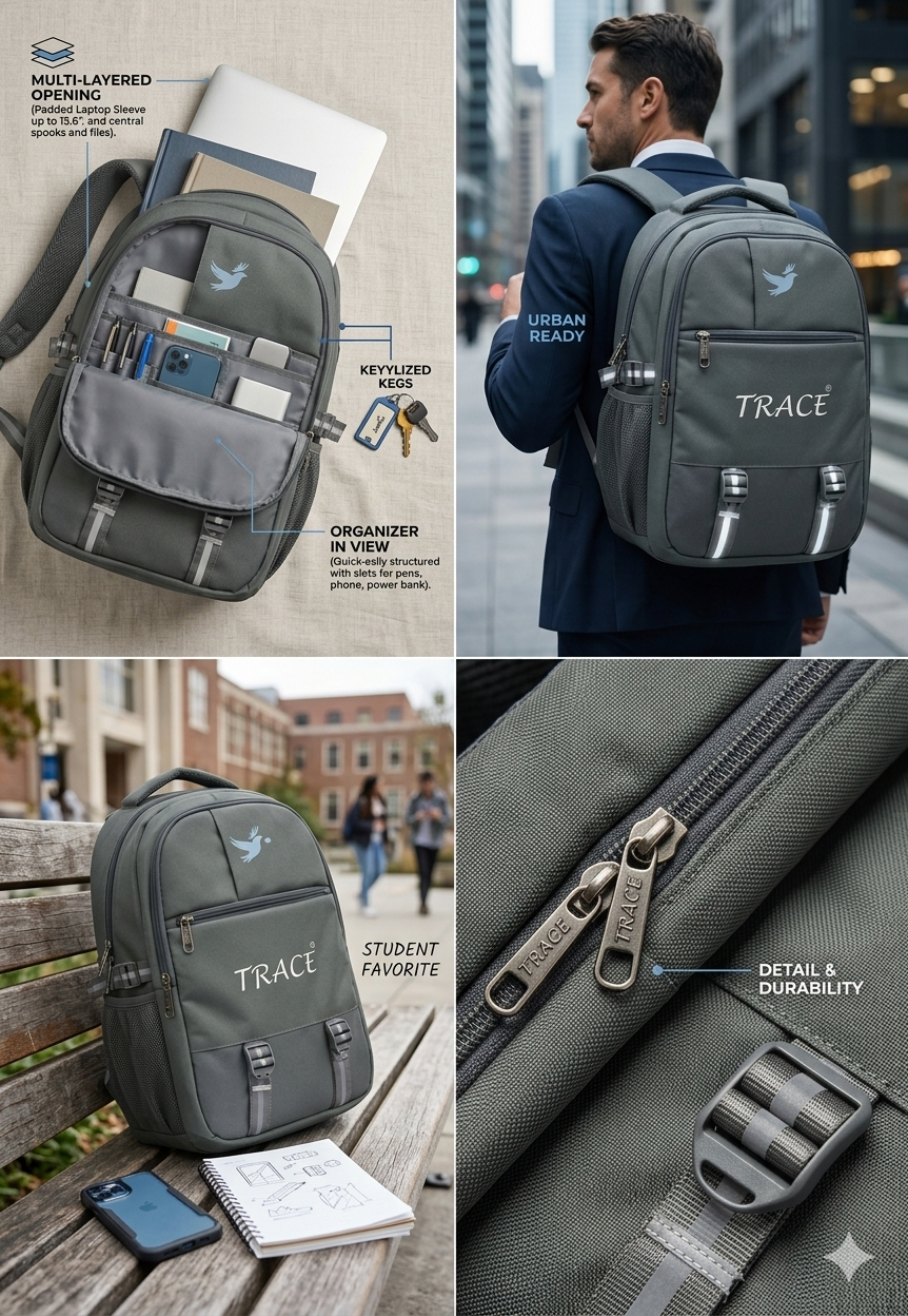 TRACE Laptop Backpack for Men and Women, Water Resistant School and Office Bag with 15.6 Inch Laptop Compartment