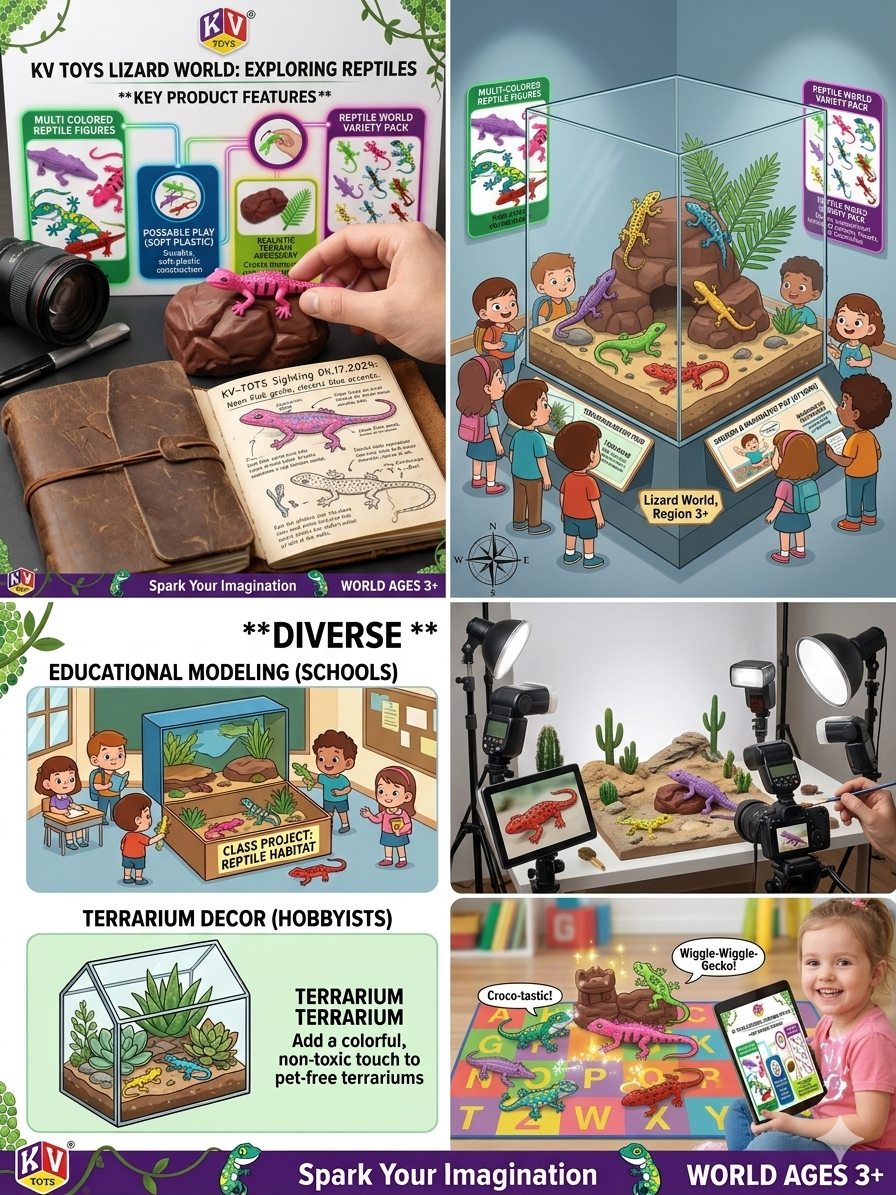 KV Toys Lizard World Reptile Figure Set for Kids, Soft Plastic Gecko, Newt and Crocodile Animal Toys with Terrain Accessories