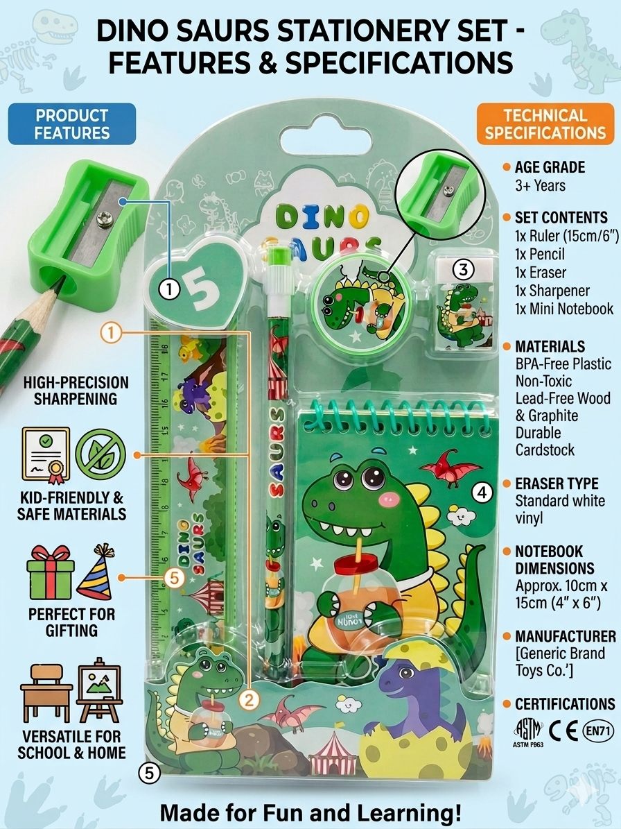 Dinosaur Stationery Set for Kids, Cute Dino School Kit with Pencil, Ruler, Eraser, Sharpener and Mini Notebook, Gift Set for Boys and Girls