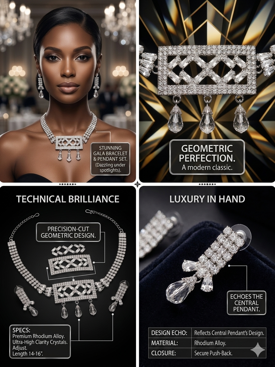 Crystal Gemine Choker and Earring Jewelry Set for Women – Rhodium-Plated Multi-Row Crystal Statement Necklace, Art-Deco Geometric Pendant with Prismatic Teardrop Drops & Matching Drop Stud Earrings