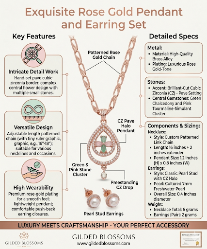 Gilded Blossoms Exquisite Rose Gold Pendant and Earring Set for Women тАУ Teardrop Halo Necklace with Green Chalcedony & Pink Tourmaline-Simulant Cluster, 7mm Cultured Freshwater Pearl Stud Earrings