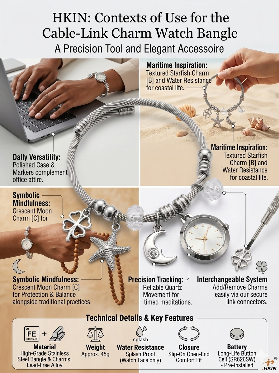HKIN Women’s Charm Watch Bangle with Interchangeable Charms, Quartz Movement, Stainless Steel Bracelet Watch, Elegant Analog Wrist Watch for Women – Stylish Jewelry Watch for Daily & Party Wear
